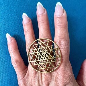 GIANT! Brass Adjustable SILVER or GOLD Sri Yantra Ring!